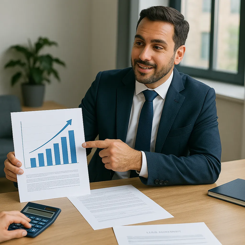 Asesor financiero mostrando gráfico de crecimiento - Beneficios del arrendamiento